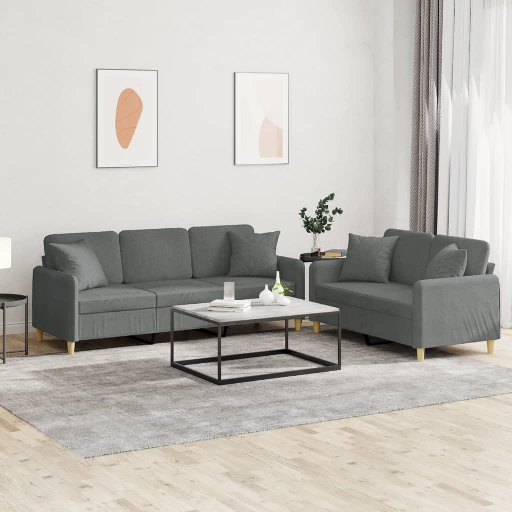 vidaXL 2-tlg. Sofagarnitur mit Kissen Dunkelgrau Stoff