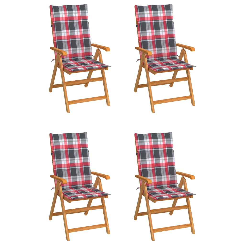 vidaXL Gartenstühle 4 Stk. Rote Karomuster-Kissen Massivholz Teak