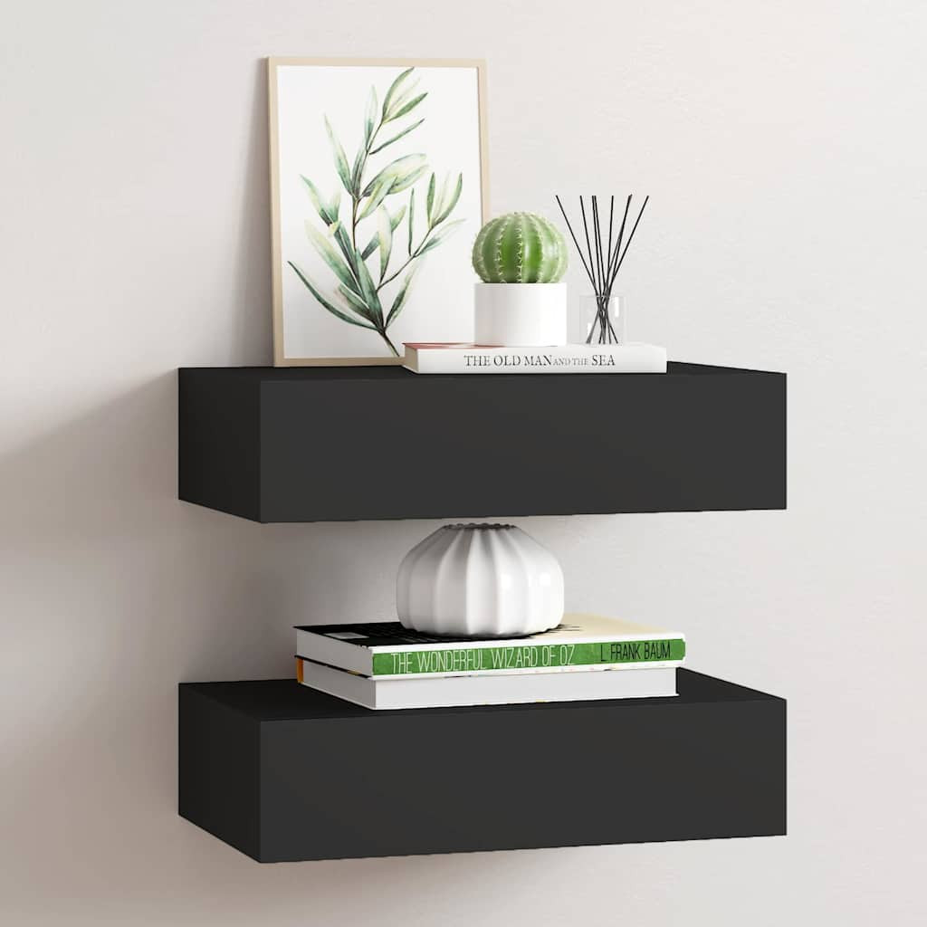 vidaXL Wandregale mit Schubladen 2 Stk. Schwarz 40x23,5x10 cm MDF