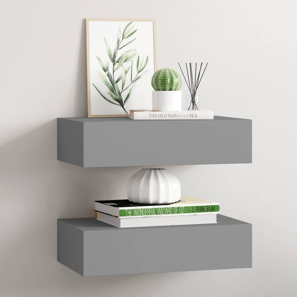 vidaXL Wandregale mit Schubladen 2 Stk. Grau 40x23,5x10 cm MDF