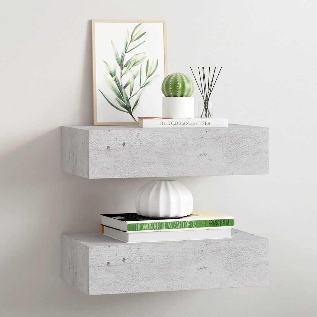 vidaXL Wandregale mit Schubladen 2 Stk. Betongrau 40x23,5x10 cm MDF