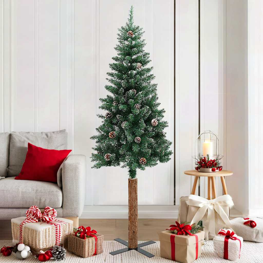 vidaXL Weihnachtsbaum Schlank mit Echtholz und Schnee Grün 180 cm