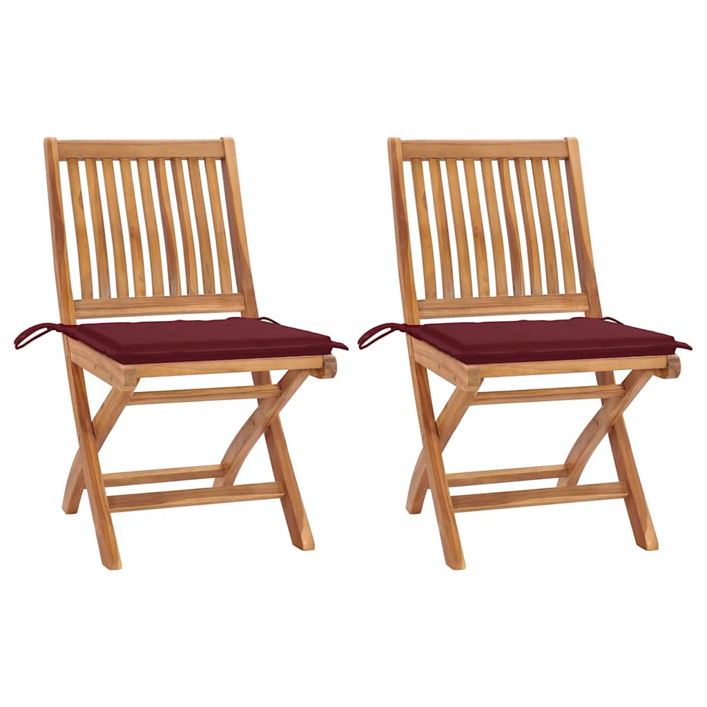 vidaXL Gartenstühle 2 Stk. mit Weinroten Kissen Teak Massivholz