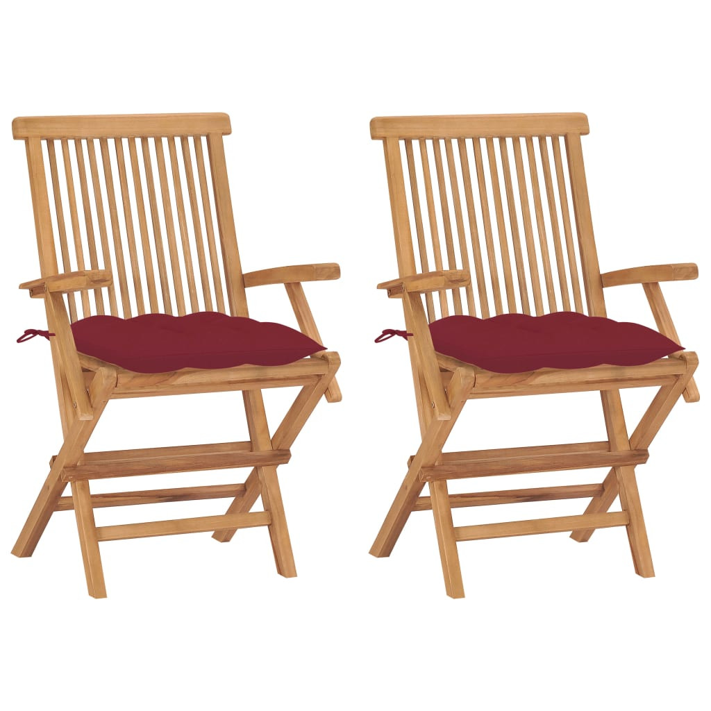 vidaXL Gartenstühle mit Weinroten Kissen 2 Stk. Massivholz Teak