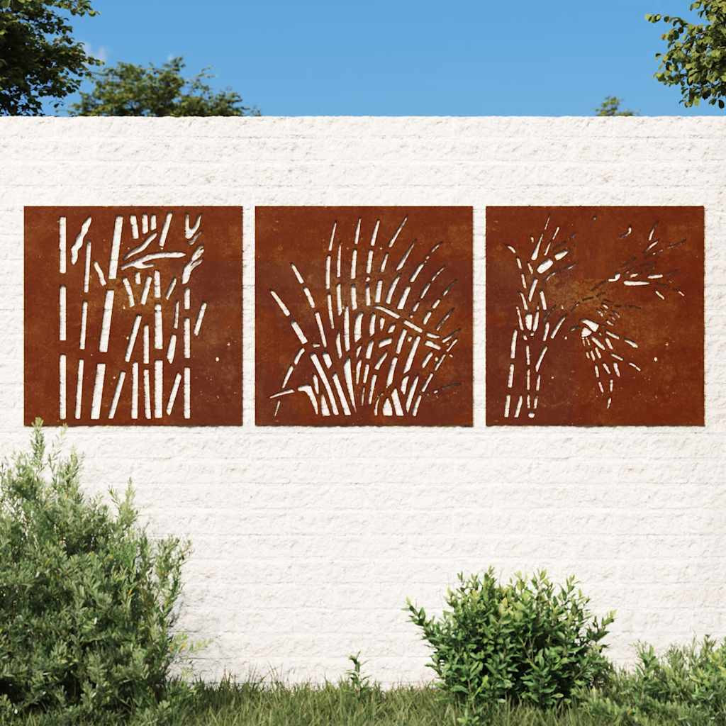 vidaXL 3-tlg. Garten-Wanddeko 55x55 cm Cortenstahl Gras-Design