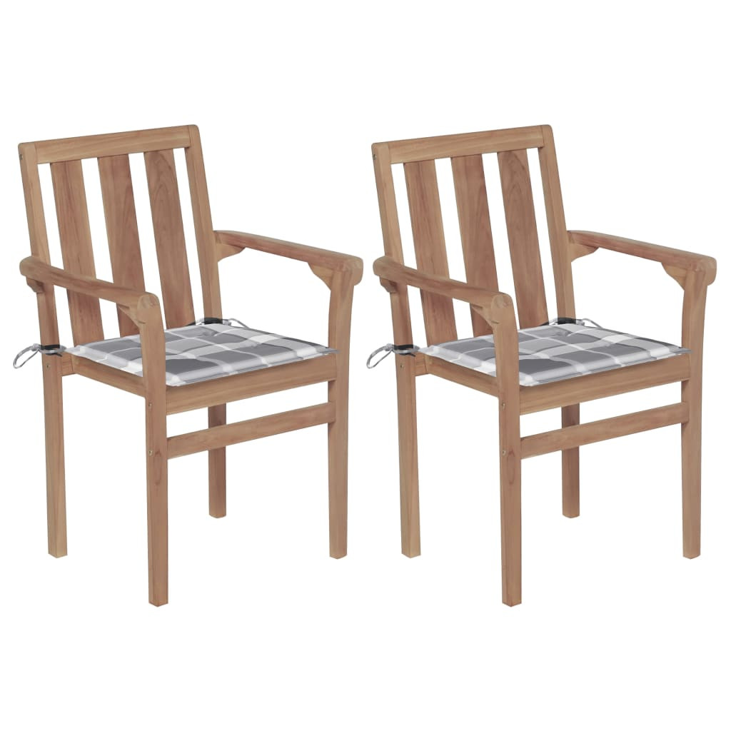 vidaXL Gartenstühle 2 Stk. Graue Karomuster-Kissen Massivholz Teak