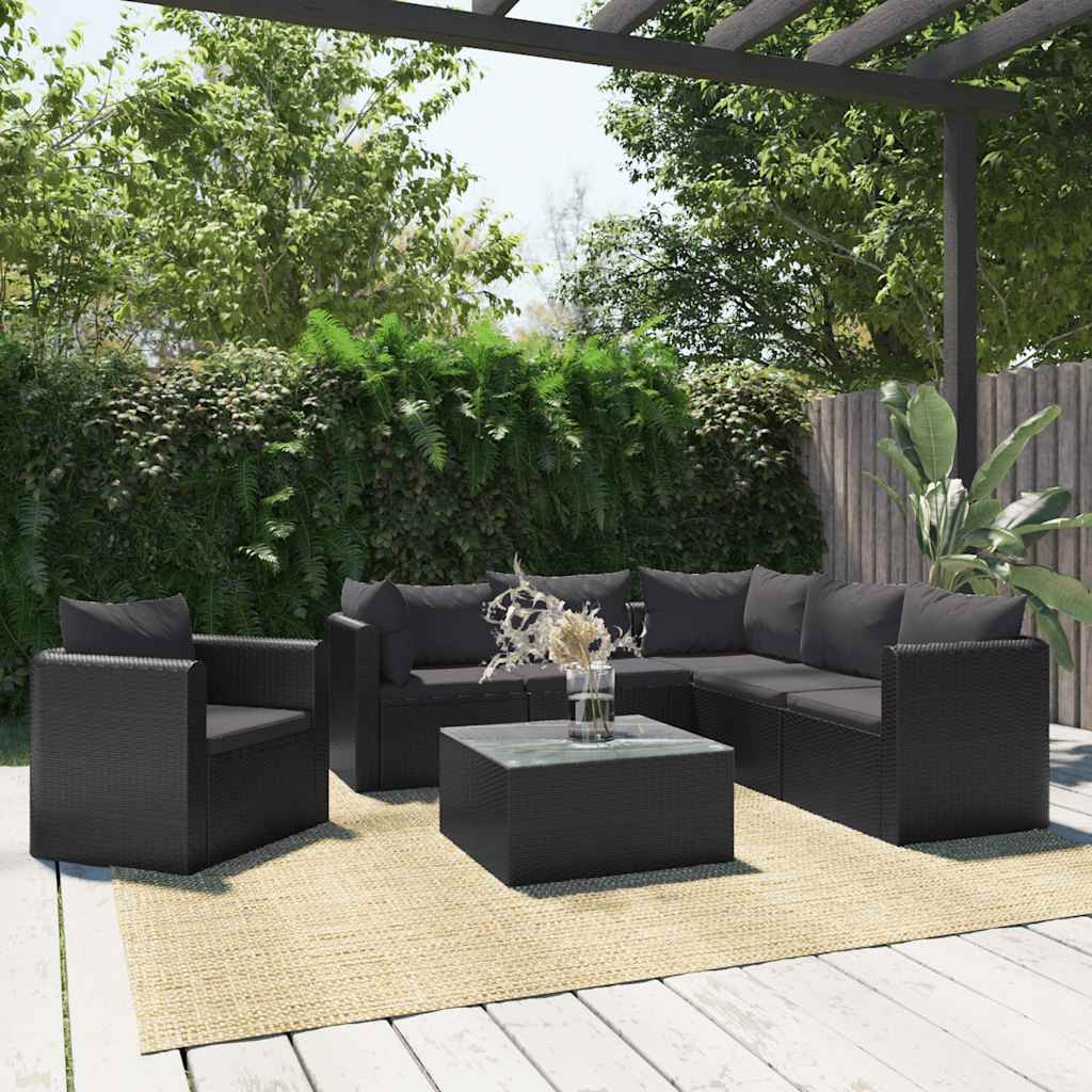vidaXL 7-tlg. Garten-Lounge-Set mit Auflagen Poly Rattan Schwarz
