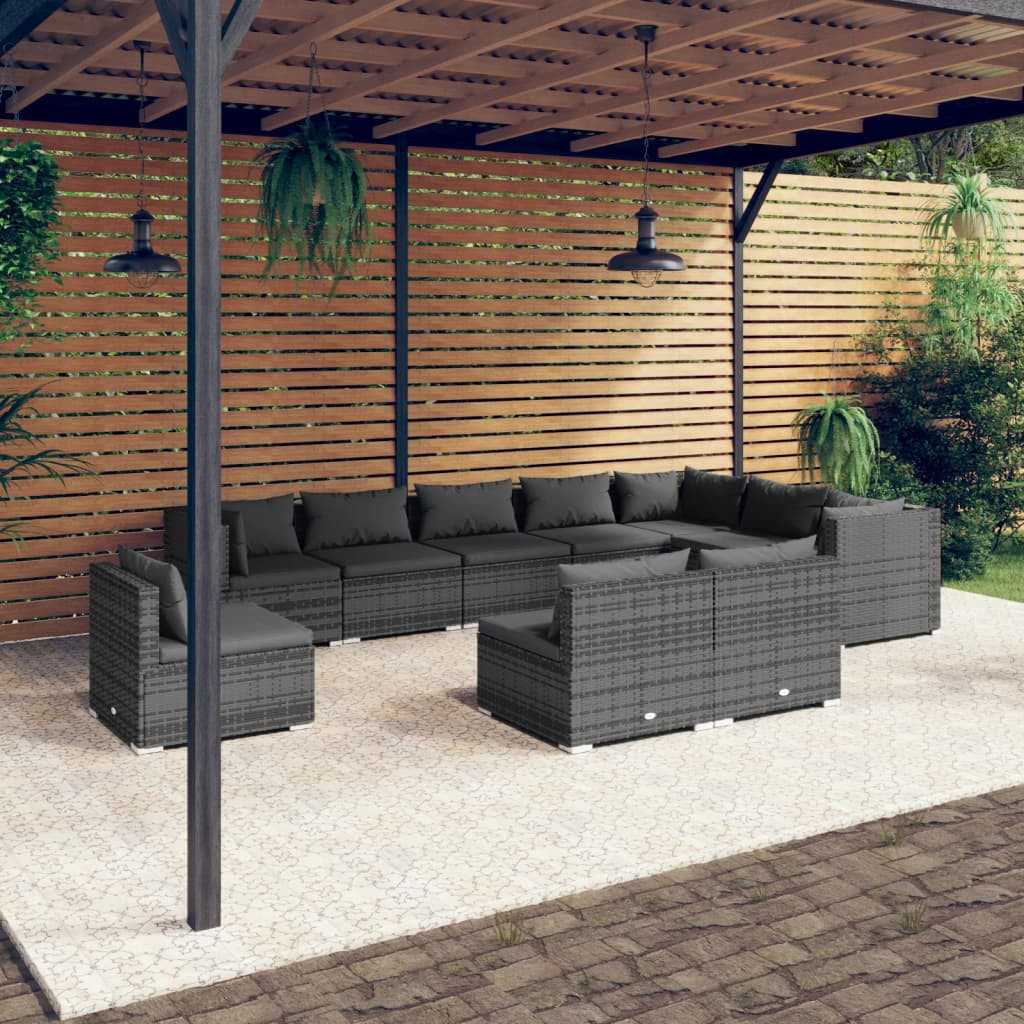 vidaXL 10-tlg. Garten-Lounge-Set mit Kissen Poly Rattan Grau