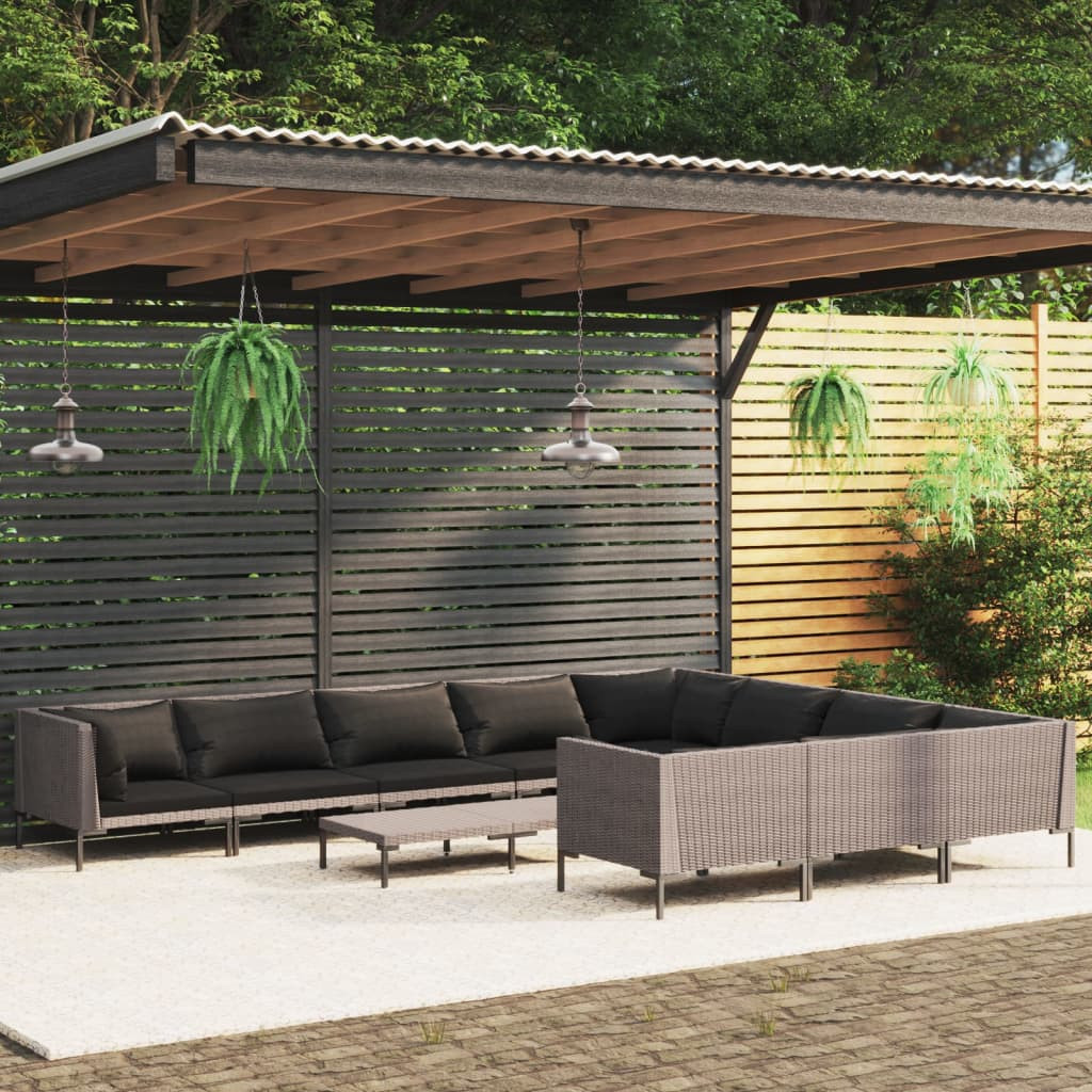 vidaXL 11-tlg. Garten-Lounge-Set mit Kissen Poly Rattan Dunkelgrau