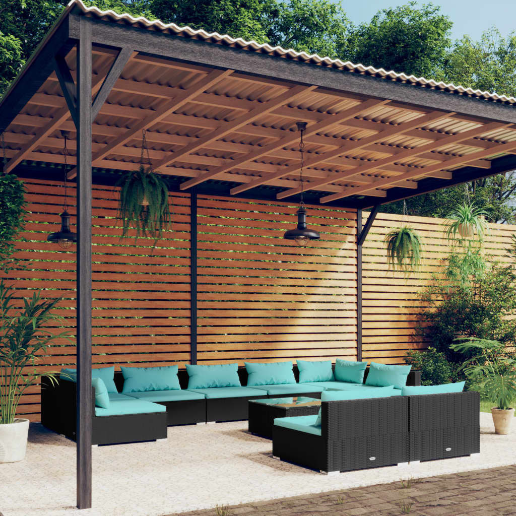 vidaXL 10-tlg. Garten-Lounge-Set mit Kissen Schwarz Poly Rattan