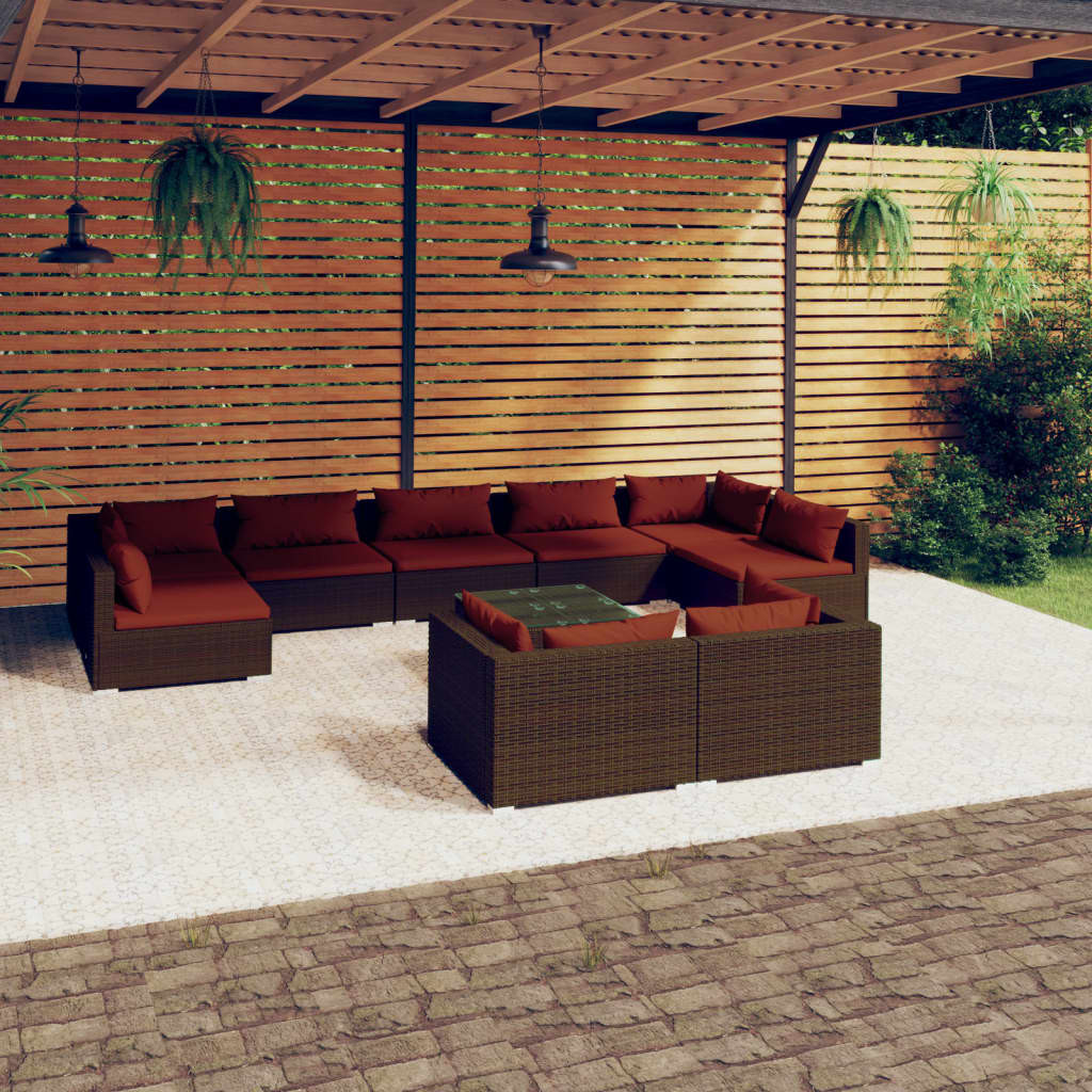 vidaXL 10-tlg. Garten-Lounge-Set mit Kissen Braun Poly Rattan
