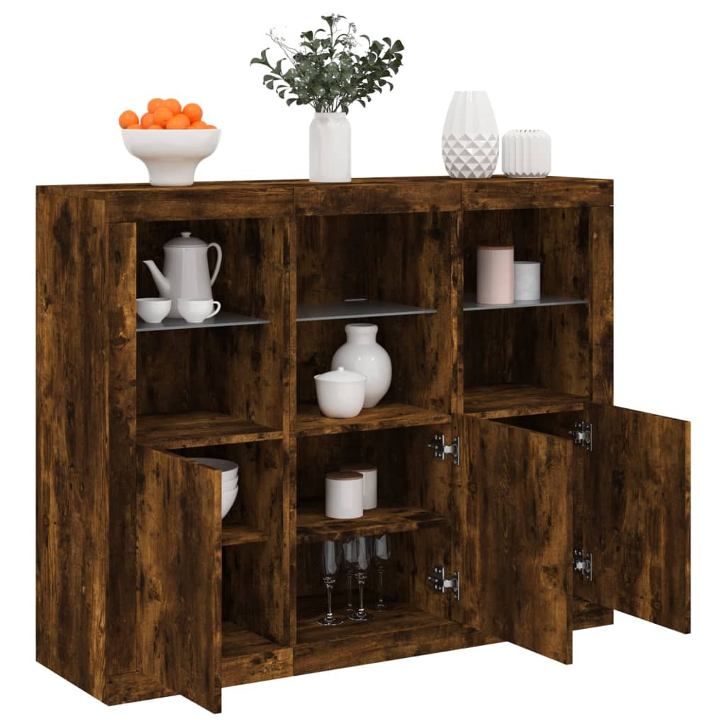 vidaXL Sideboards mit LED-Leuchten 3 Stk. Räuchereiche Holzwerkstoff