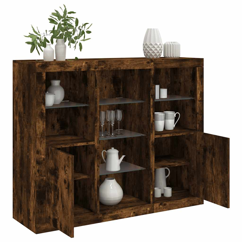 vidaXL Sideboards mit LED-Leuchten 3 Stk. Räuchereiche Holzwerkstoff