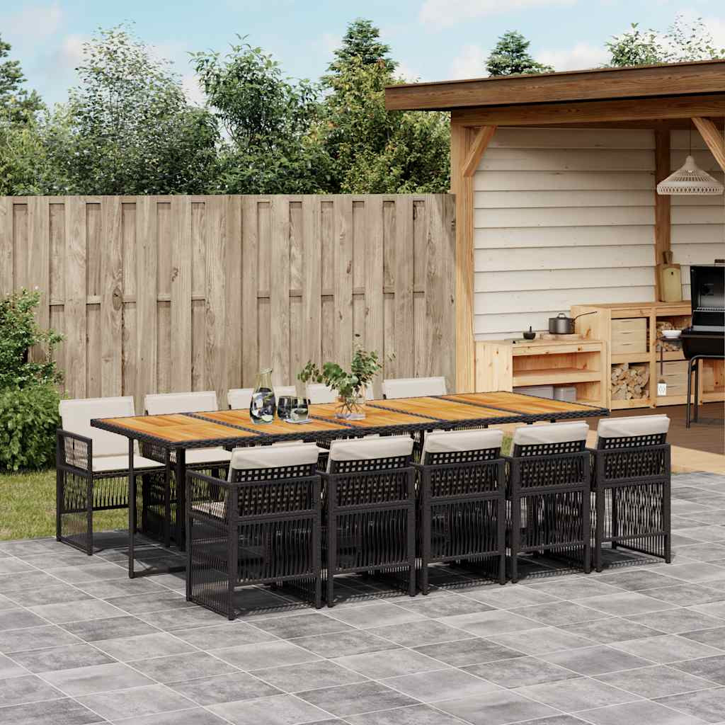 vidaXL 11-tlg. Garten-Essgruppe mit Kissen Schwarz Poly Rattan