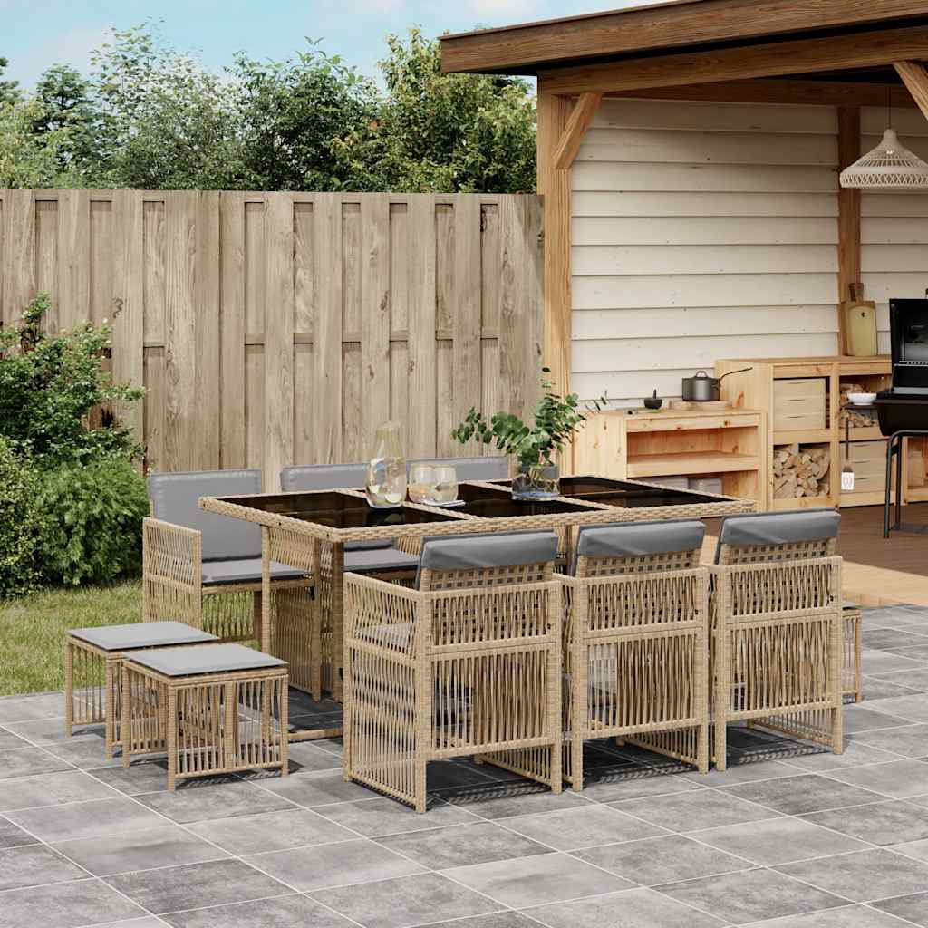vidaXL 11-tlg. Garten-Essgruppe mit Kissen Beigemischung Poly Rattan