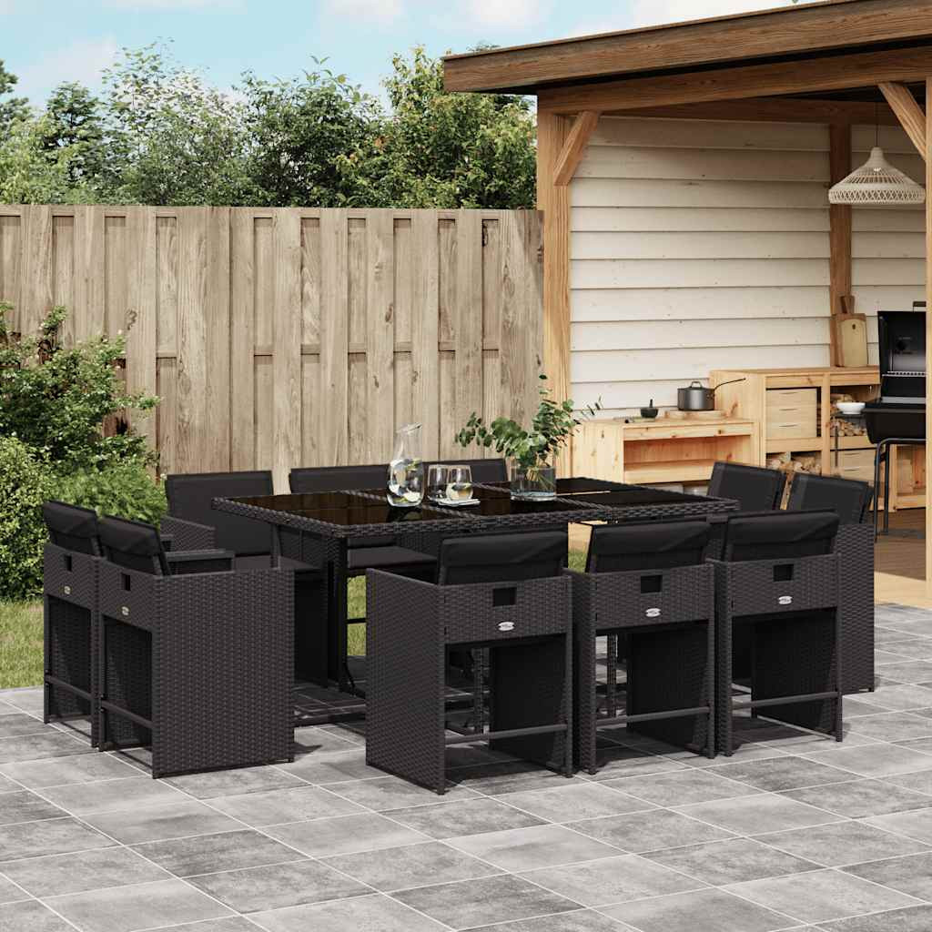 vidaXL 11-tlg. Garten-Essgruppe mit Kissen Schwarz Poly Rattan