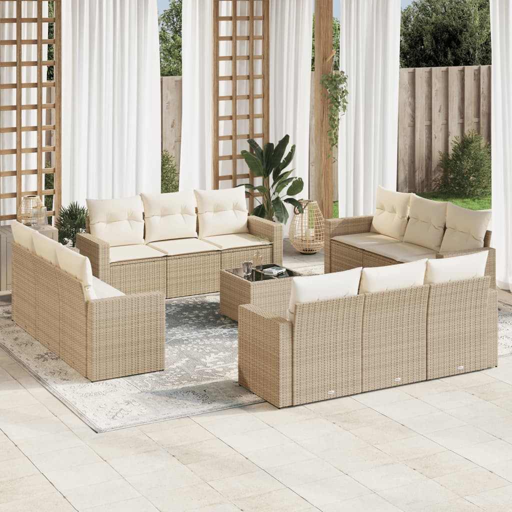 vidaXL 13-tlg. Garten-Sofagarnitur mit Kissen Beige Poly Rattan
