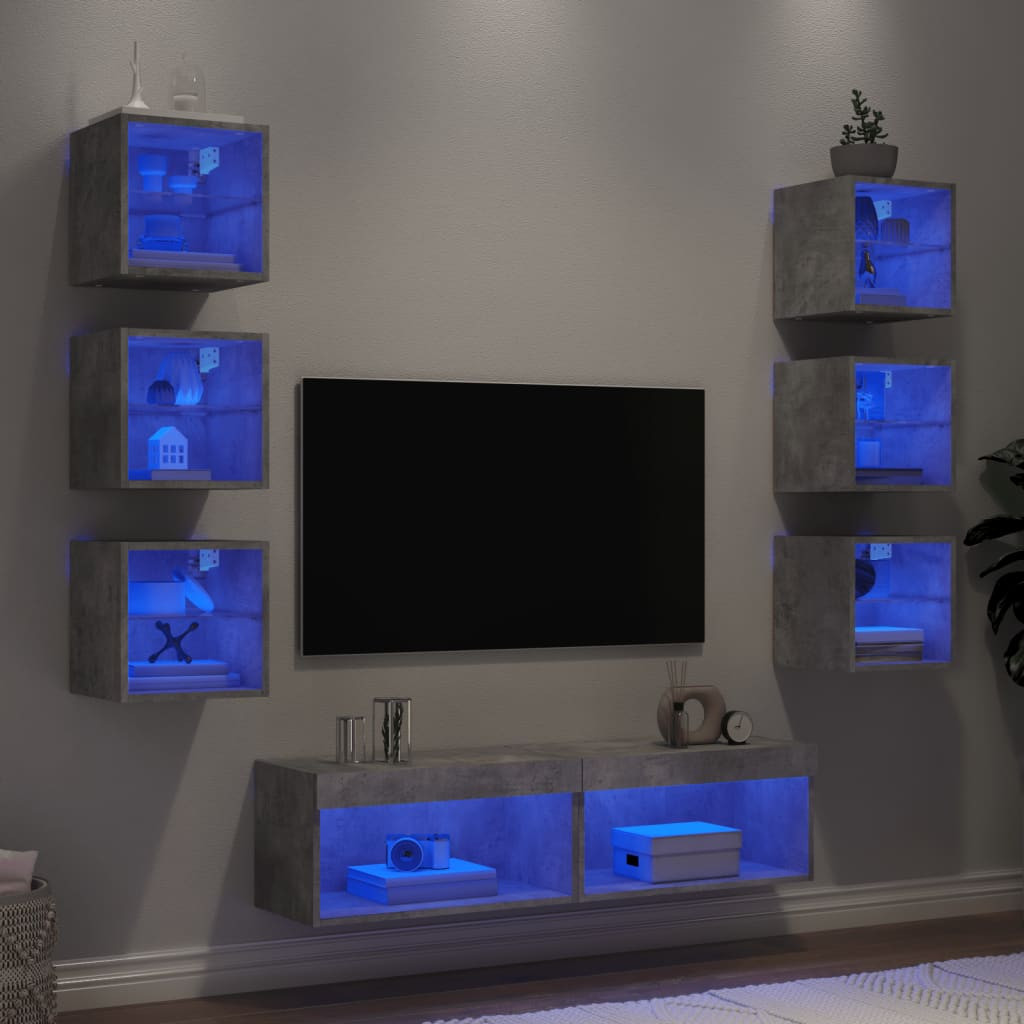 vidaXL 8-tlg. Wohnwand mit LED-Beleuchtung Betongrau Holzwerkstoff