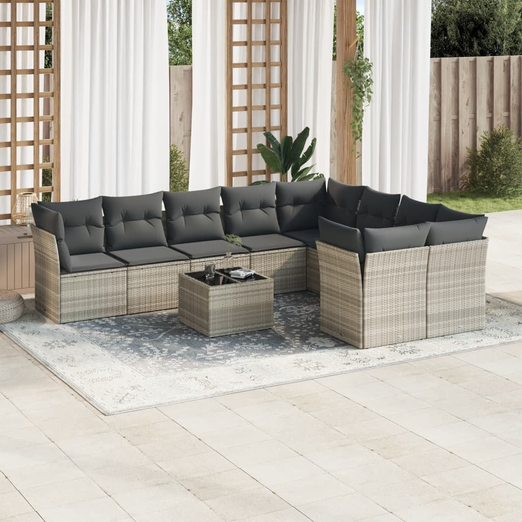 vidaXL 10-tlg. Garten-Sofagarnitur mit Kissen Hellgrau Poly Rattan
