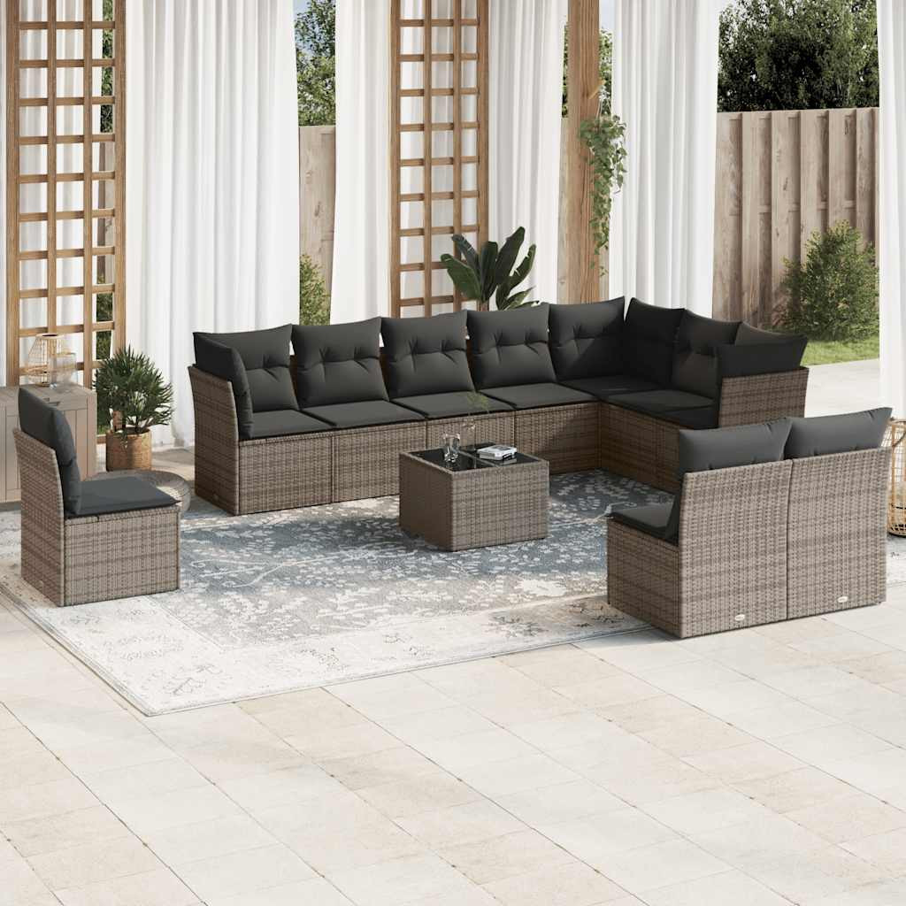 vidaXL 11-tlg. Garten-Sofagarnitur mit Kissen Grau Poly Rattan