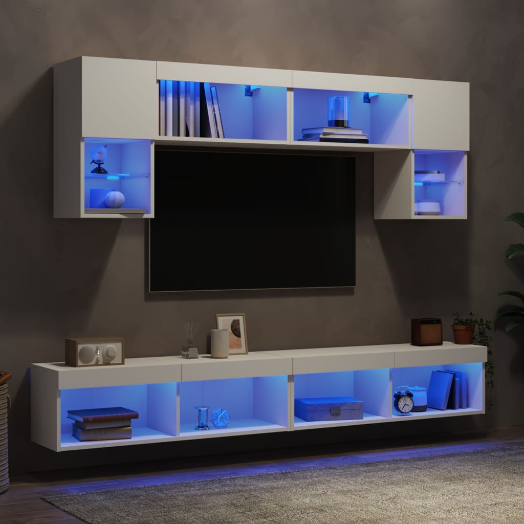 vidaXL 6-tlg. Wohnwand mit LED-Beleuchtung Weiß Holzwerkstoff