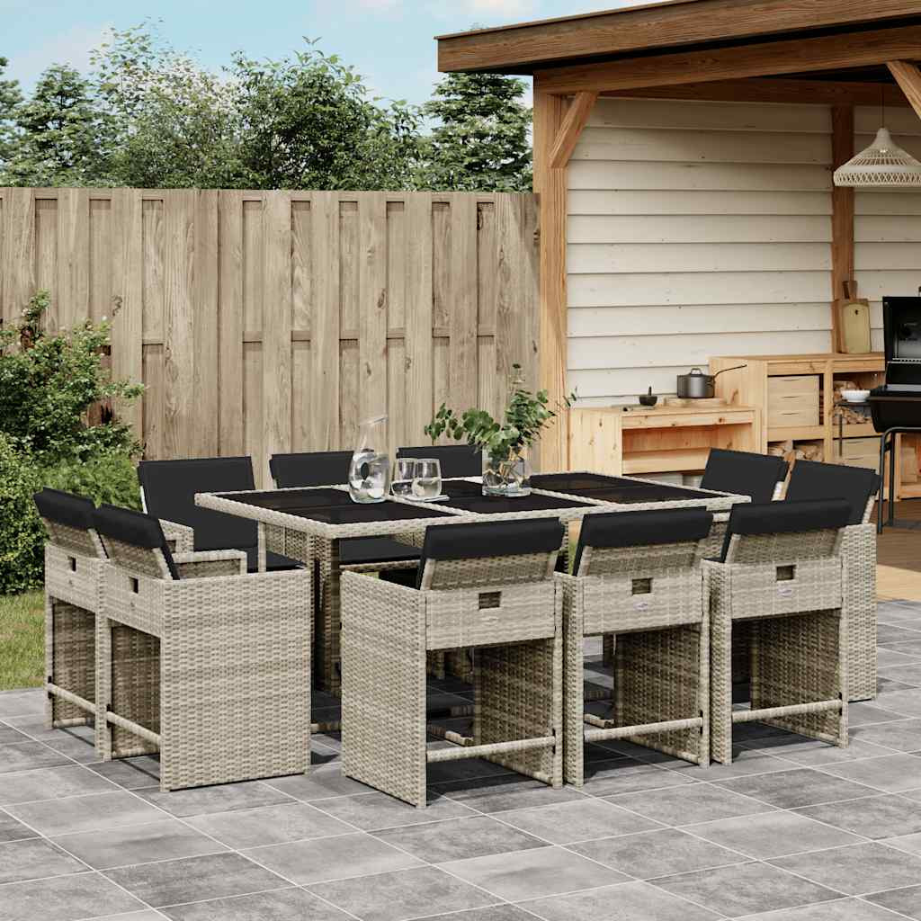 vidaXL 11-tlg. Garten-Essgruppe mit Kissen Hellgrau Poly Rattan