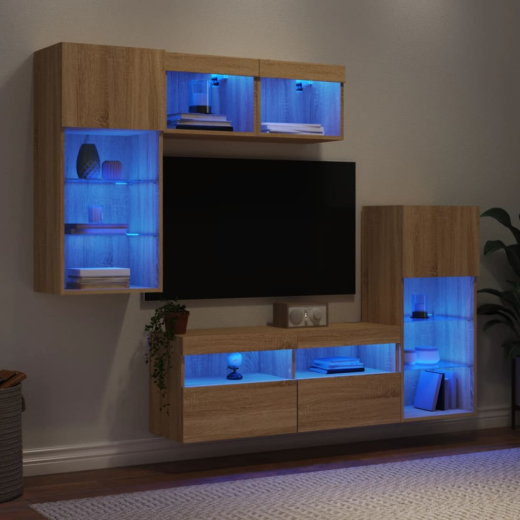vidaXL 5-tlg. Wohnwand mit LED-Beleuchtung Sonoma-Eiche Holzwerkstoff