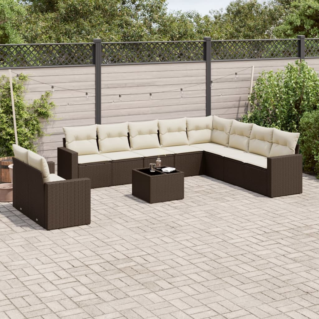 vidaXL 11-tlg. Garten-Sofagarnitur mit Kissen Braun Poly Rattan