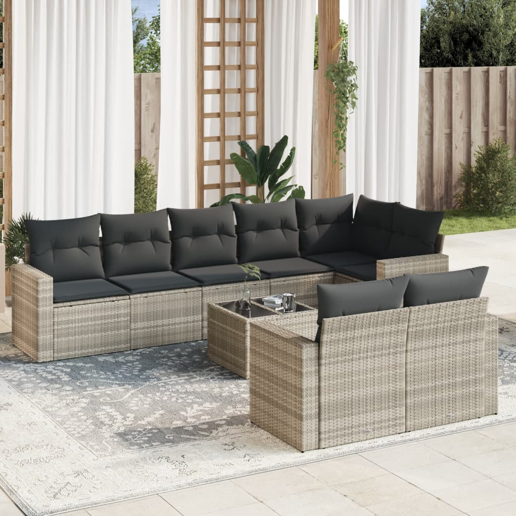 vidaXL 9-tlg. Garten-Sofagarnitur mit Kissen Hellgrau Poly Rattan