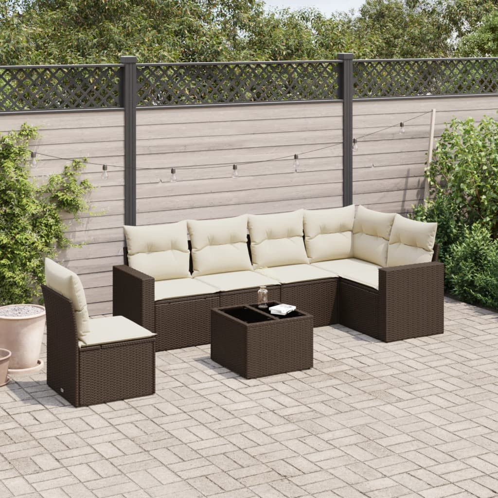 vidaXL 7-tlg. Garten-Sofagarnitur mit Kissen Braun Poly Rattan