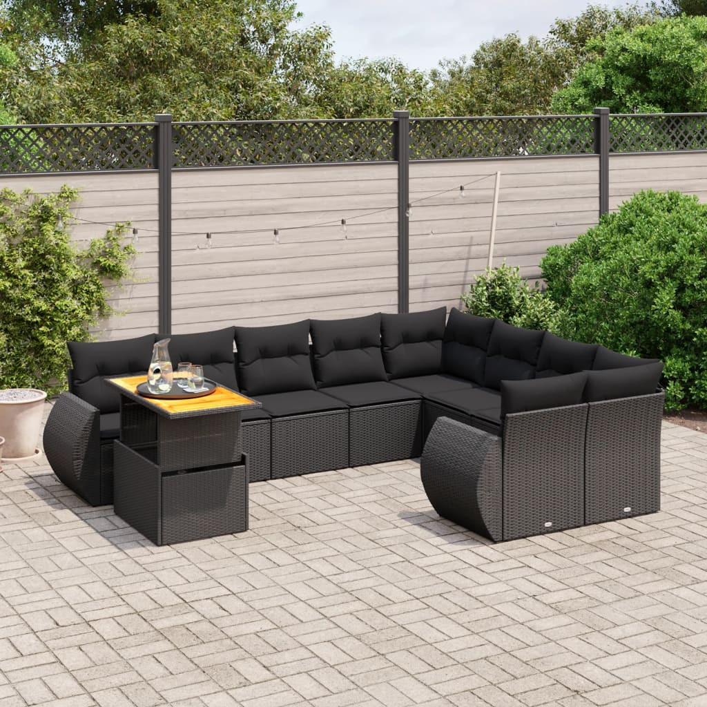 vidaXL 10-tlg. Garten-Sofagarnitur mit Kissen Schwarz Poly Rattan