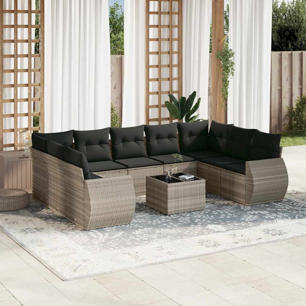 vidaXL 10-tlg. Garten-Sofagarnitur mit Kissen Hellgrau Poly Rattan