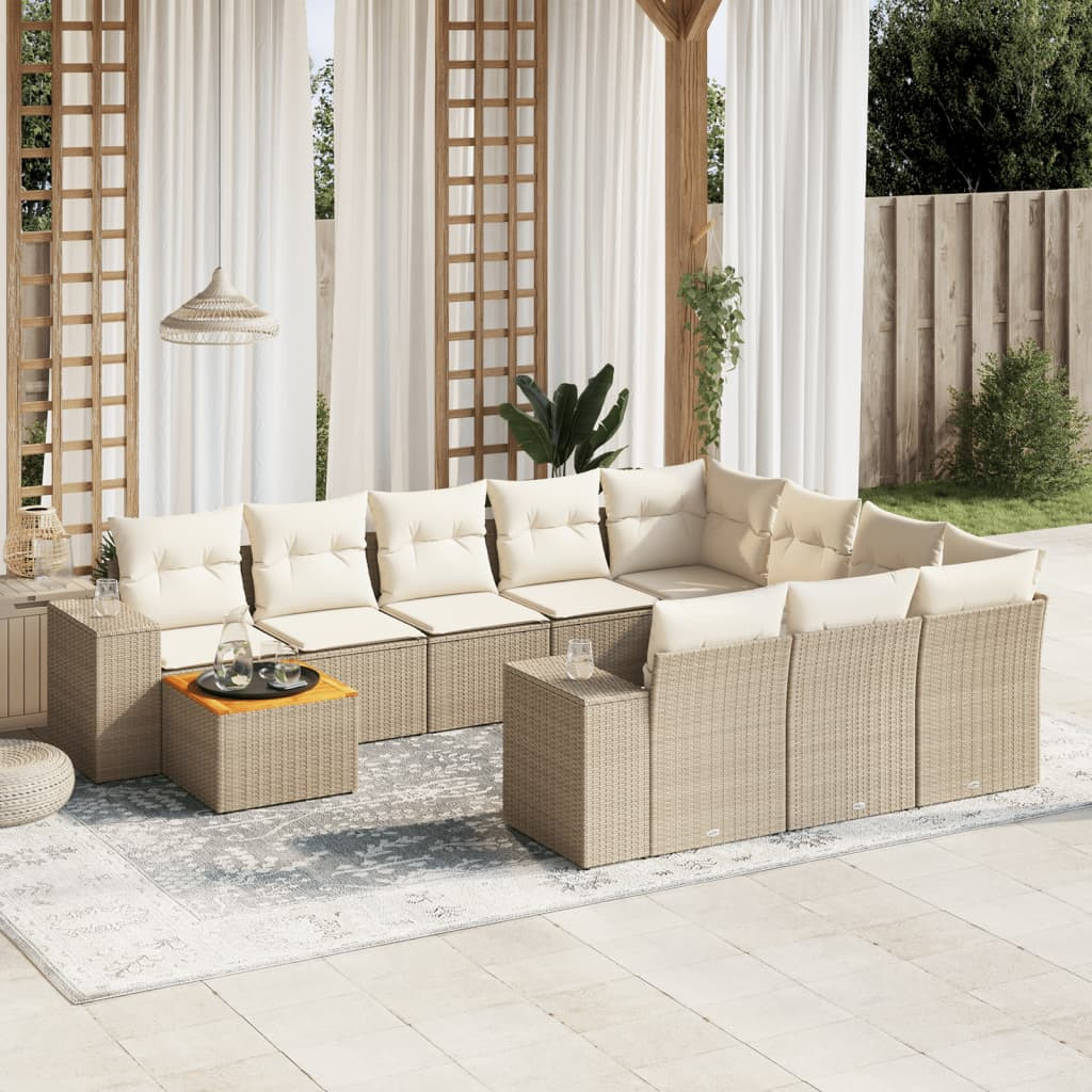 vidaXL 11-tlg. Garten-Sofagarnitur mit Kissen Beige Poly Rattan