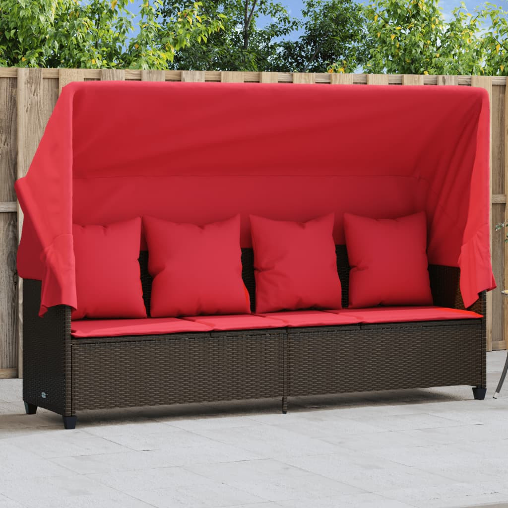 vidaXL Sonnenliege mit Dach und Kissen Braun Poly Rattan