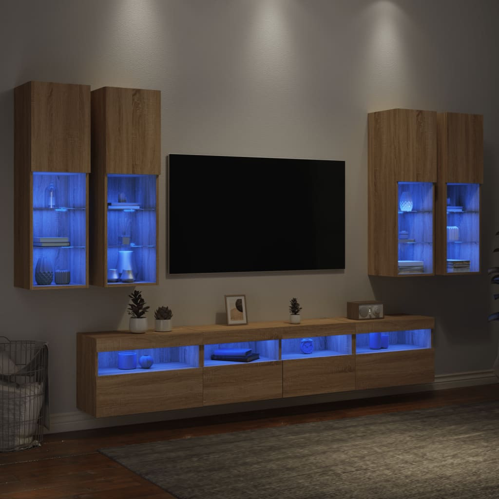 vidaXL 7-tlg. TV-Wohnwand mit LED-Leuchten Sonoma-Eiche