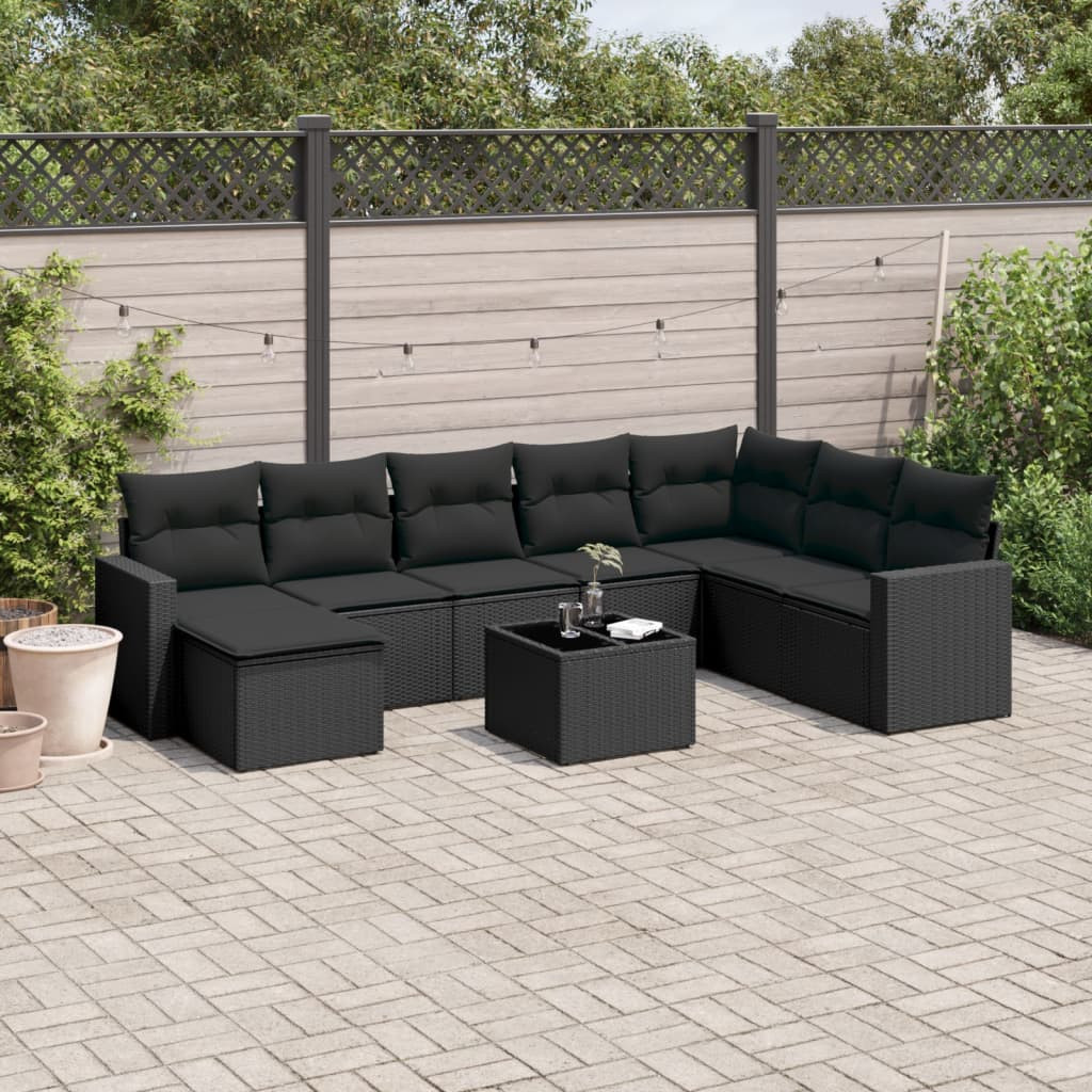 vidaXL 9-tlg. Garten-Sofagarnitur mit Kissen Schwarz Poly Rattan