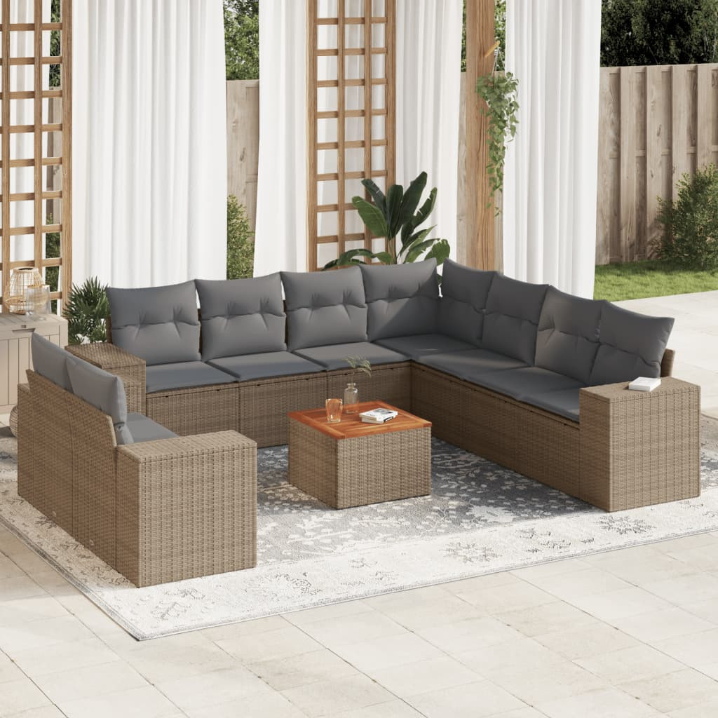 vidaXL 10-tlg. Garten-Sofagarnitur mit Kissen Beige Poly Rattan