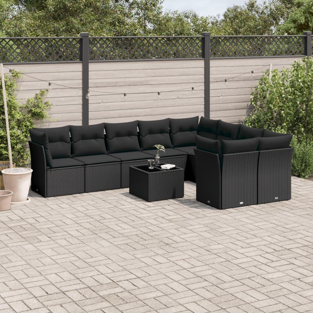 vidaXL 10-tlg. Garten-Sofagarnitur mit Kissen Schwarz Poly Rattan