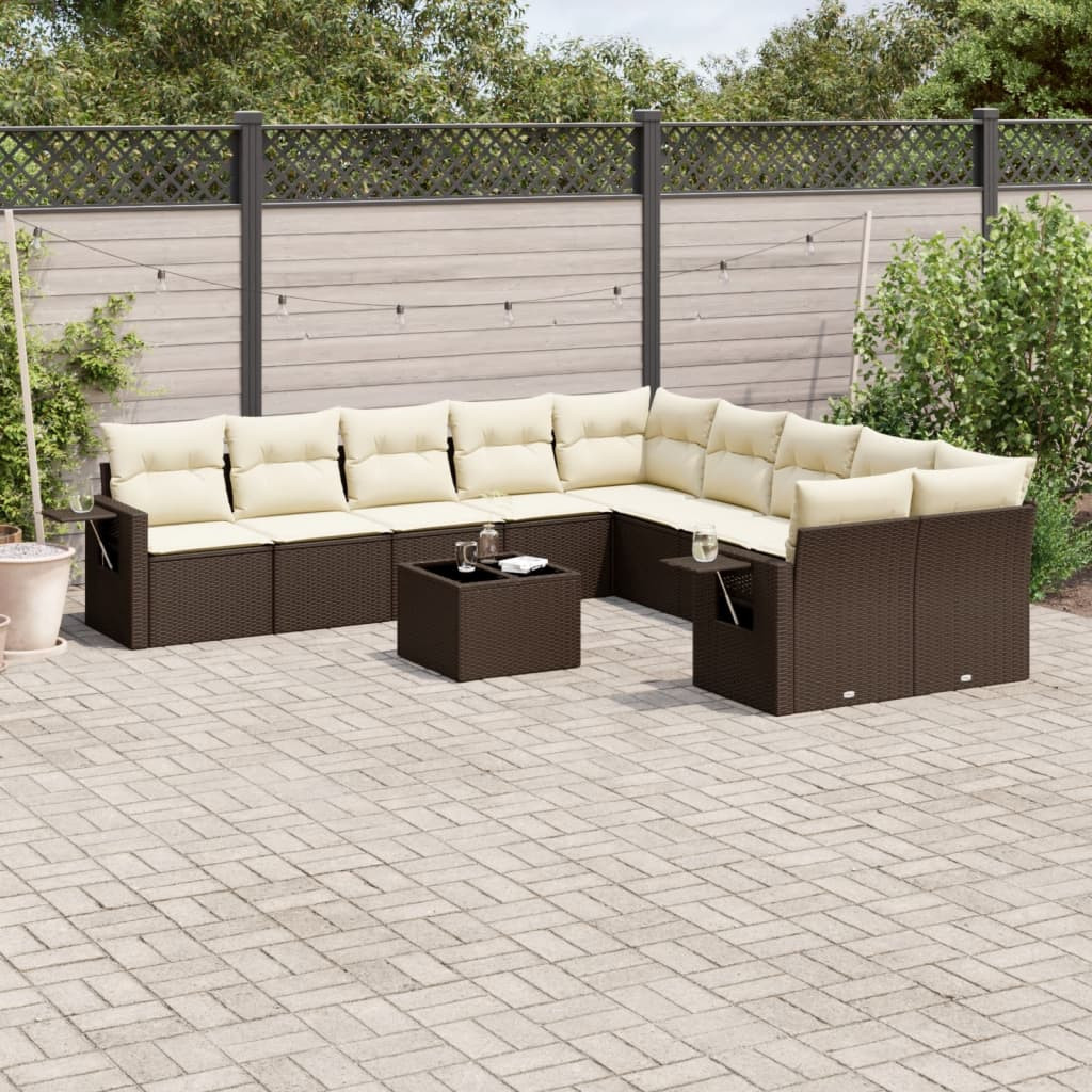 vidaXL 11-tlg. Garten-Sofagarnitur mit Kissen Braun Poly Rattan
