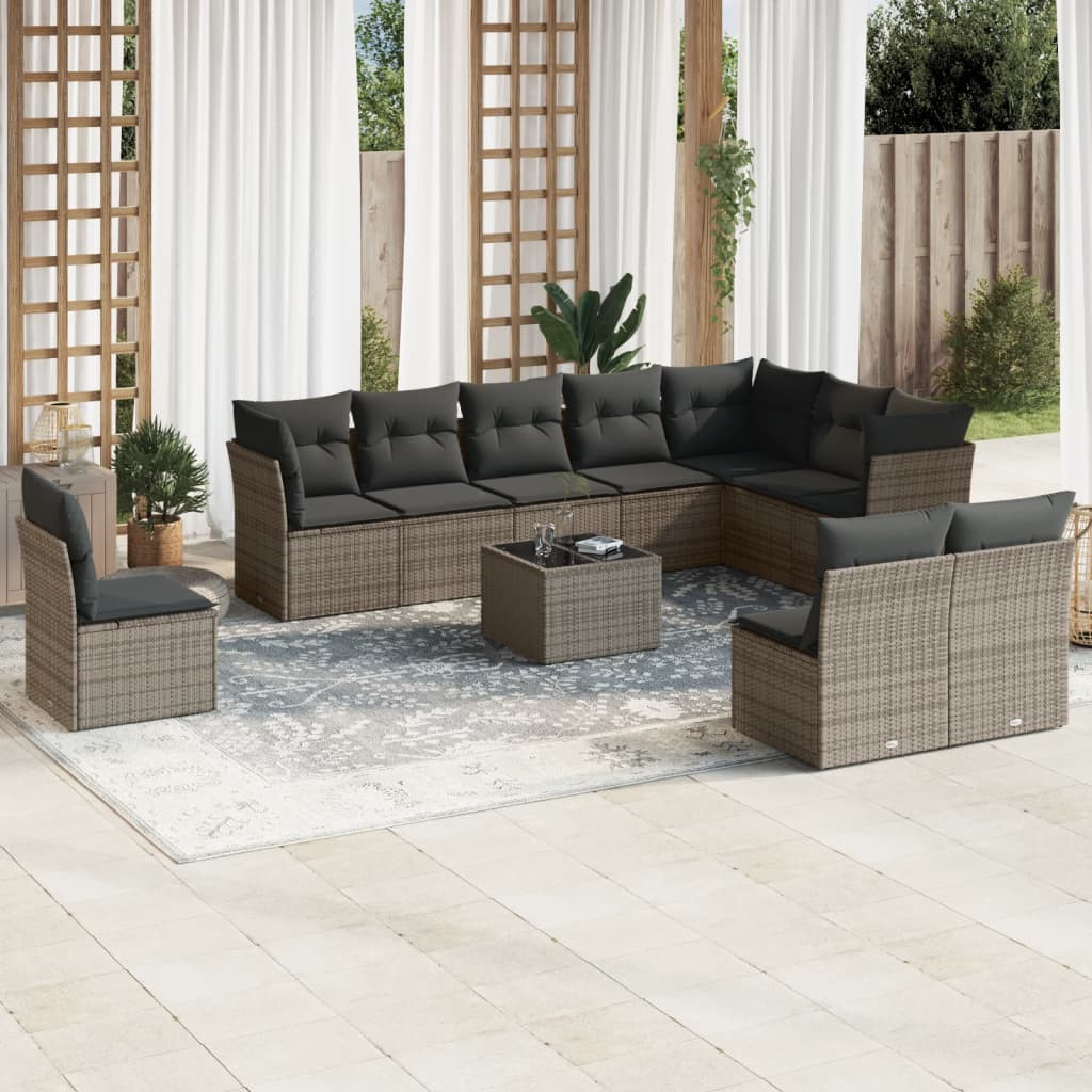 vidaXL 11-tlg. Garten-Sofagarnitur mit Kissen Grau Poly Rattan