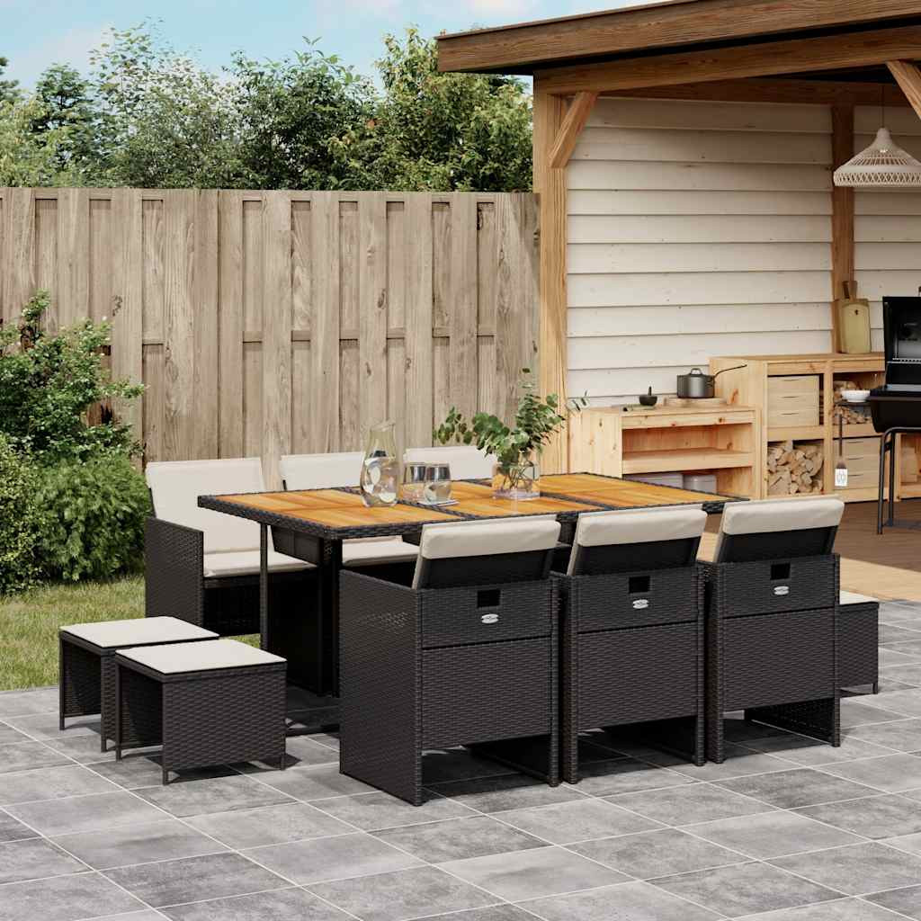 vidaXL 11-tlg. Garten-Essgruppe mit Kissen Schwarz Poly Rattan