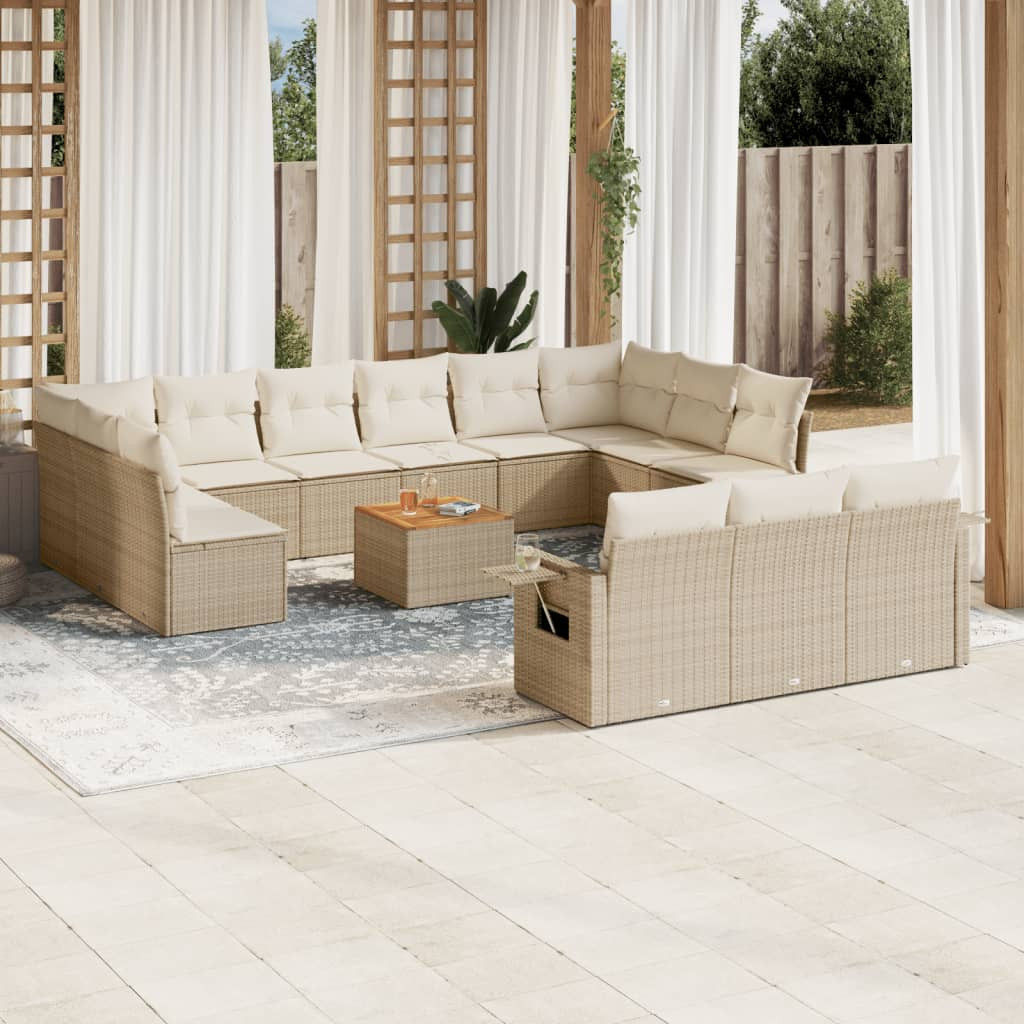 vidaXL 14-tlg. Garten-Sofagarnitur mit Kissen Beige Poly Rattan