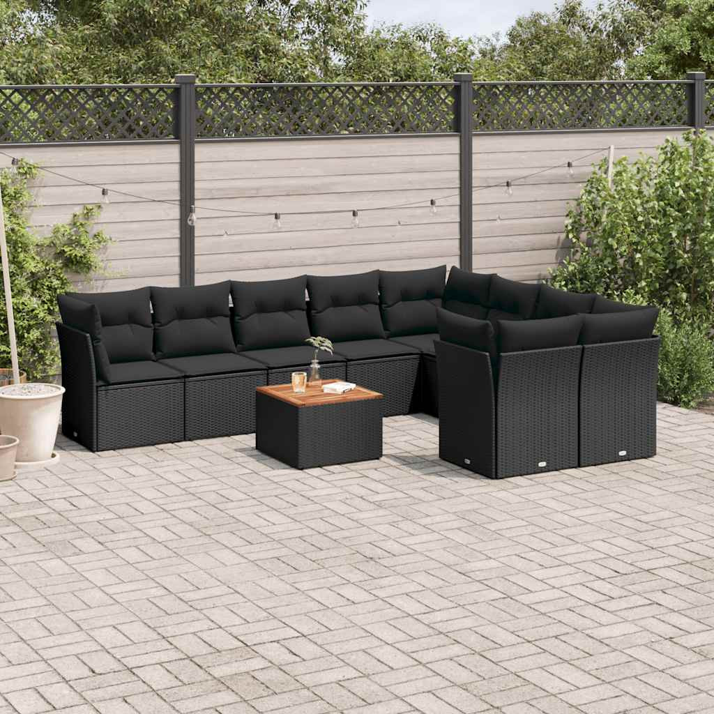 vidaXL 10-tlg. Garten-Sofagarnitur mit Kissen Schwarz Poly Rattan