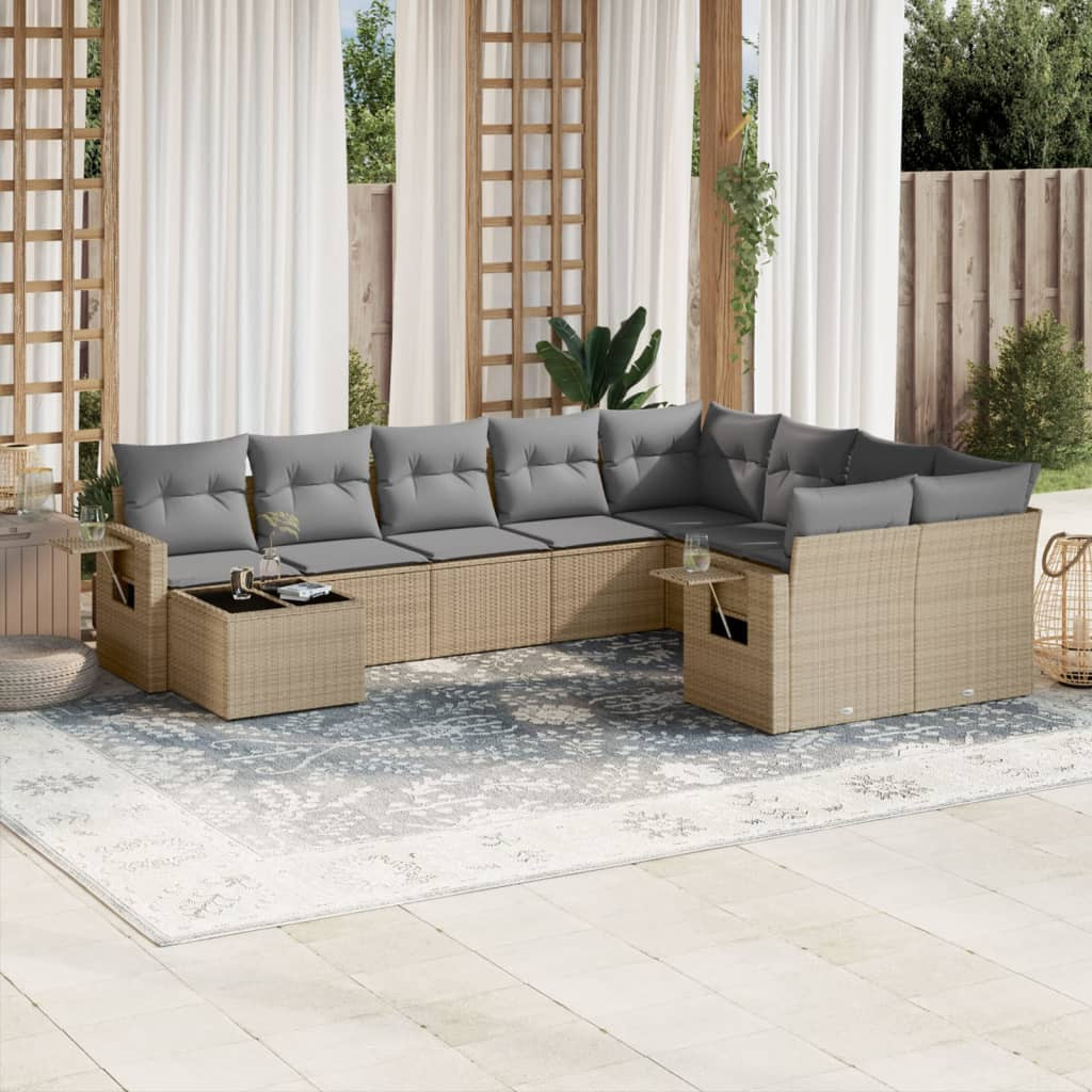 vidaXL 10-tlg. Garten-Sofagarnitur mit Kissen Beige Poly Rattan