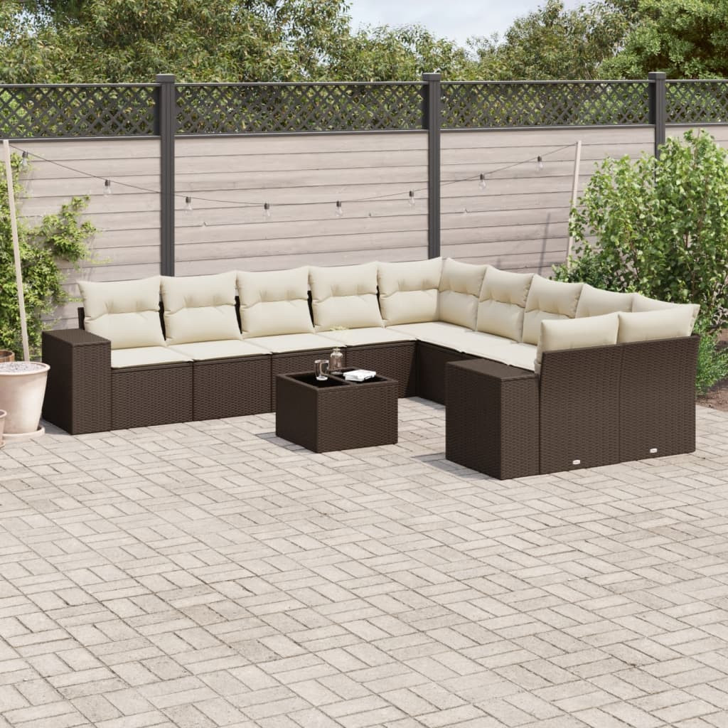 vidaXL 11-tlg. Garten-Sofagarnitur mit Kissen Braun Poly Rattan
