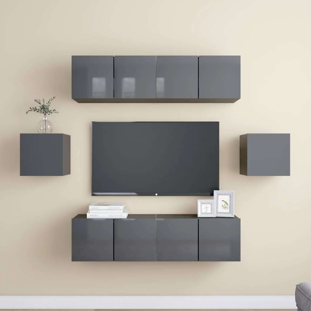 vidaXL 6-tlg. TV-Schrank-Set Hochglanz-Grau Holzwerkstoff