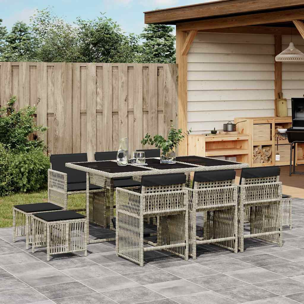 vidaXL 11-tlg. Garten-Essgruppe mit Kissen Hellgrau Poly Rattan