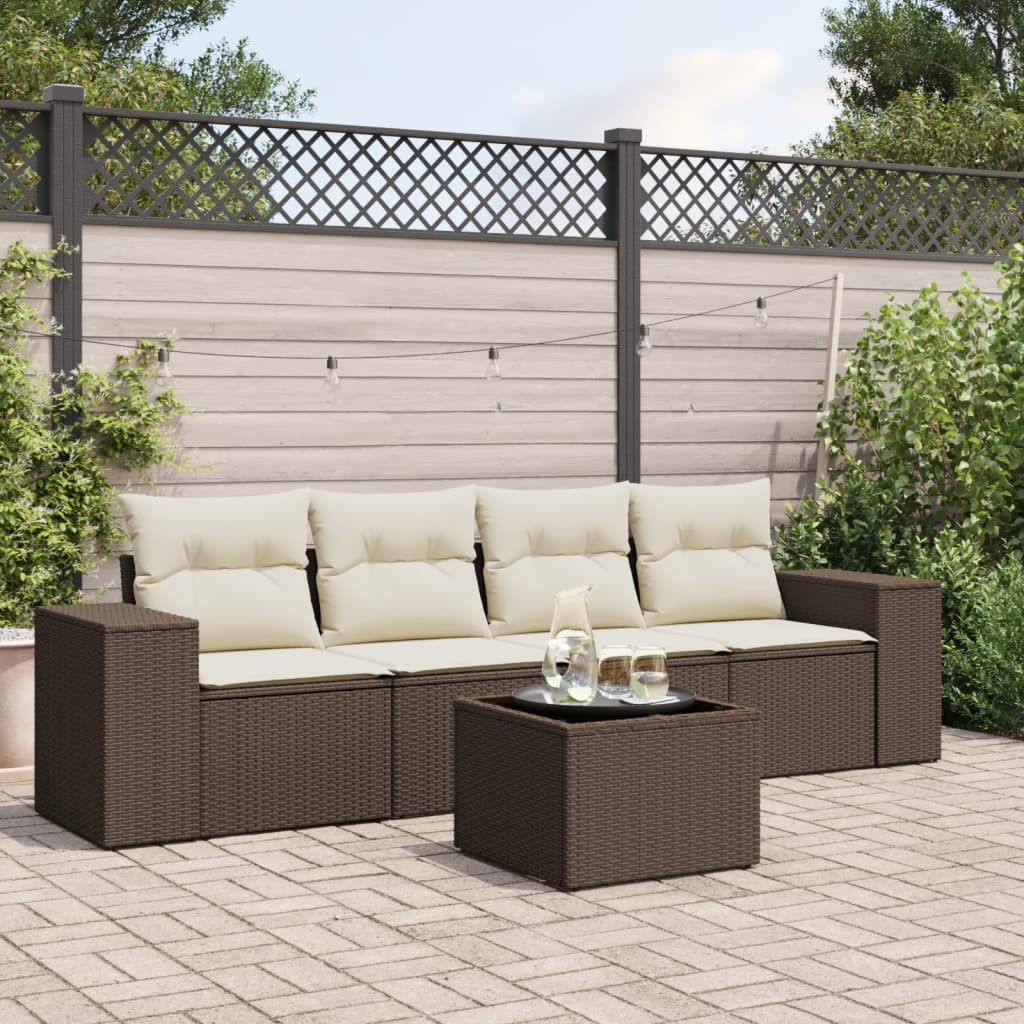 vidaXL 5-tlg. Garten-Sofagarnitur mit Kissen Braun Poly Rattan