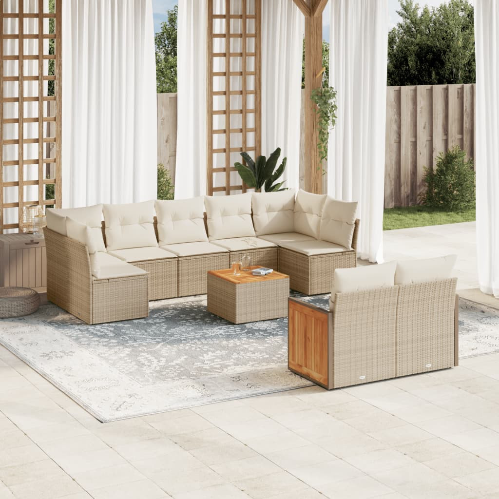 vidaXL 10-tlg. Garten-Sofagarnitur mit Kissen Beige Poly Rattan