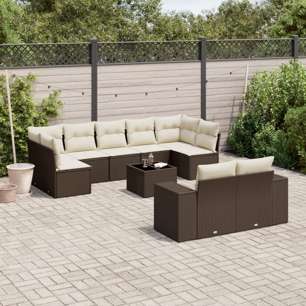 vidaXL 10-tlg. Garten-Sofagarnitur mit Kissen Braun Poly Rattan